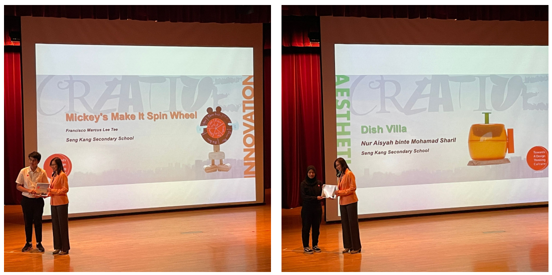 Two students receive awards on stage at Seng Kang Secondary School's Creative Innovation and Aesthetics ceremony.